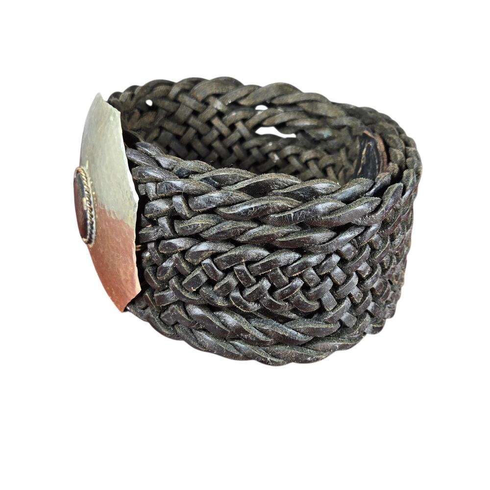 Womens Wide Braided Leather Belt Brown Western Boho Hammered Mixed Metal Buckle - Picture 3 of 10